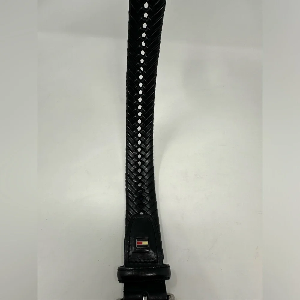Tommy Hilfiger Braided Belt Mens 38/95 Black Leather Trim Casual Silver‎ Buckle